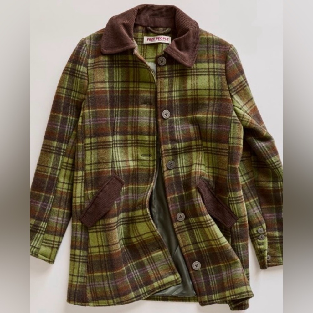 Free People Green and Brown Plaid Wool-Blend Pea Coat